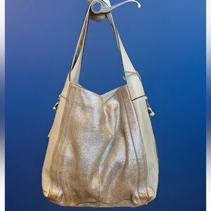 Tano Cream & Metallic Shoulder Bag Expandable Side Zippers Very Nice